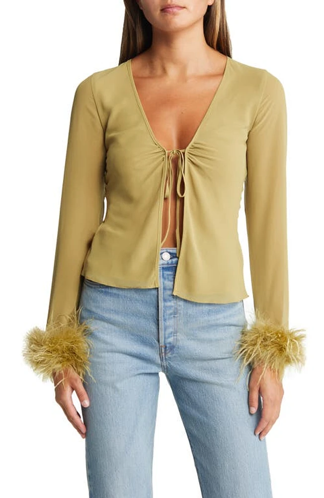 HOUSE OF CB Claudia Feather Trim Blouse Olive at Nordstrom,