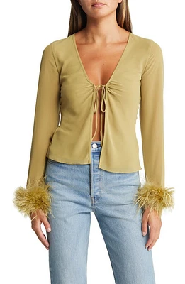 HOUSE OF CB Claudia Feather Trim Blouse Olive at Nordstrom,