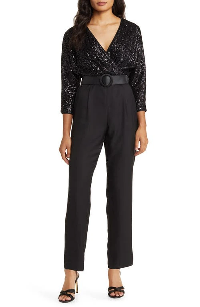 Eliza J Sequin Bodice Mixed Media Jumpsuit Black at Nordstrom,