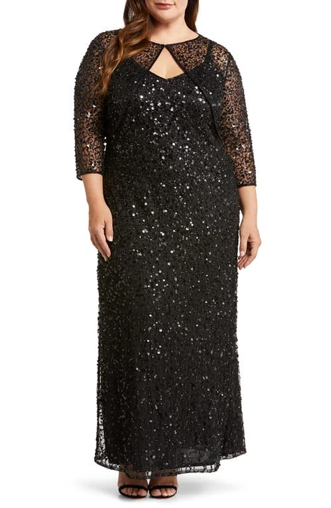 Pisarro Nights Sequin Mesh Gown with Jacket Black 001 at Nordstrom,