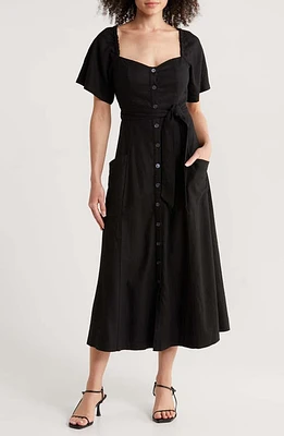 Le Jean Willow Belted Linen Blend Midi Dress Black at Nordstrom,