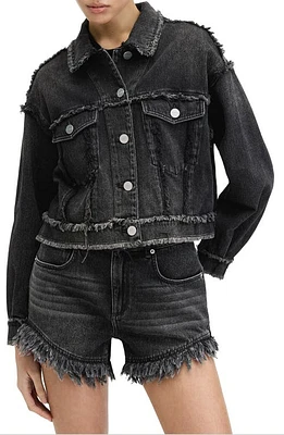 AllSaints Claude Frayed Denim Trucker Jacket Washed Black at Nordstrom, Us