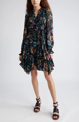 Ulla Johnson Anais Metallic Floral Long Sleeve Silk Georgette Dress Black Iris at Nordstrom,