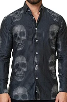 Maceoo Luxor Funky Skull Dot Print Button-Up Shirt in Black at Nordstrom, Size 5