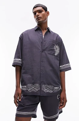 Topman Embroidered Cotton & Linen Button-Up Shirt Mid Blue at Nordstrom,