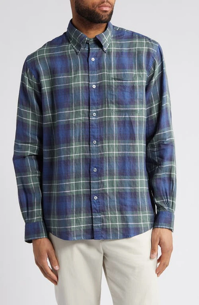 Brooks Brothers Plaid Linen Button-Up Shirt Green Navy Tartan at Nordstrom,