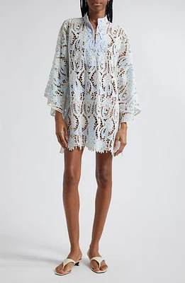 La Vie Style House Honeysuckle Floral Lace Cover-Up Mini Caftan in Pale Blue at Nordstrom