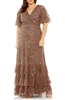 FABULOUSS BY MAC DUGGAL Sequin Floral Flutter Sleeve Gown Chocolate at Nordstrom,