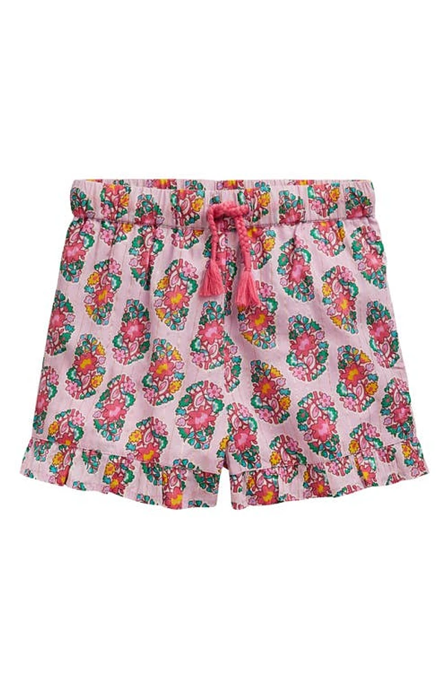 Mini Boden Kids' Floral Metallic Cotton Ruffle Hem Shorts Sugared Almond Pink Paisley at Nordstrom,