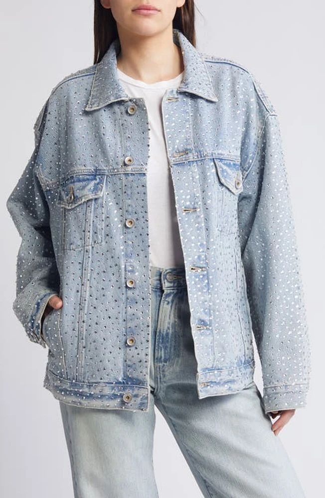 PURPLE BRAND Crystal Detail Denim Trucker Jacket Light Indigo at Nordstrom,