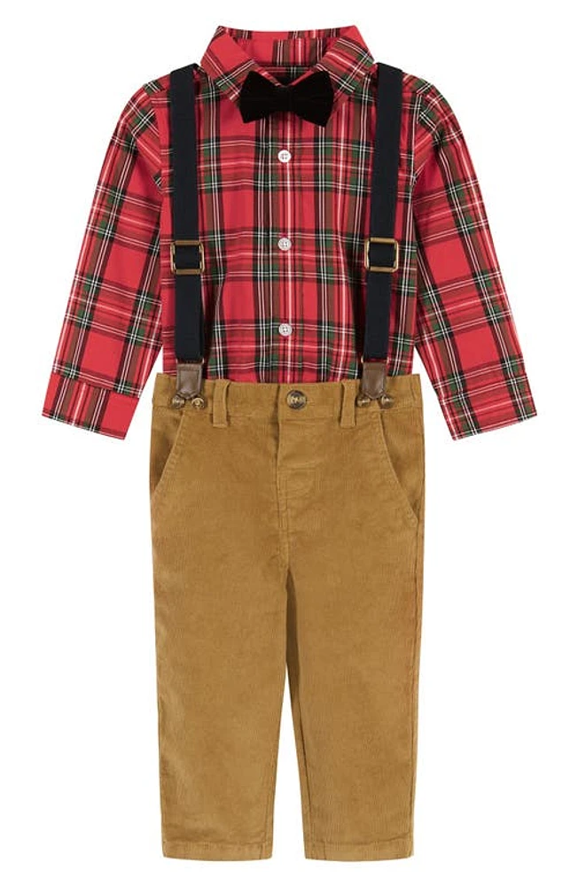 Andy & Evan Holiday Plaid Flannel Bodysuit, Suspender Pants Bow Tie Set Red at Nordstrom,