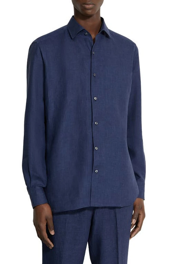 ZEGNA Oasi Linen Button-Up Shirt Navy at Nordstrom,