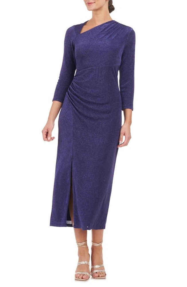 JS Collections Violeta Metallic Gathered Cocktail Midi Dress Navy at Nordstrom,