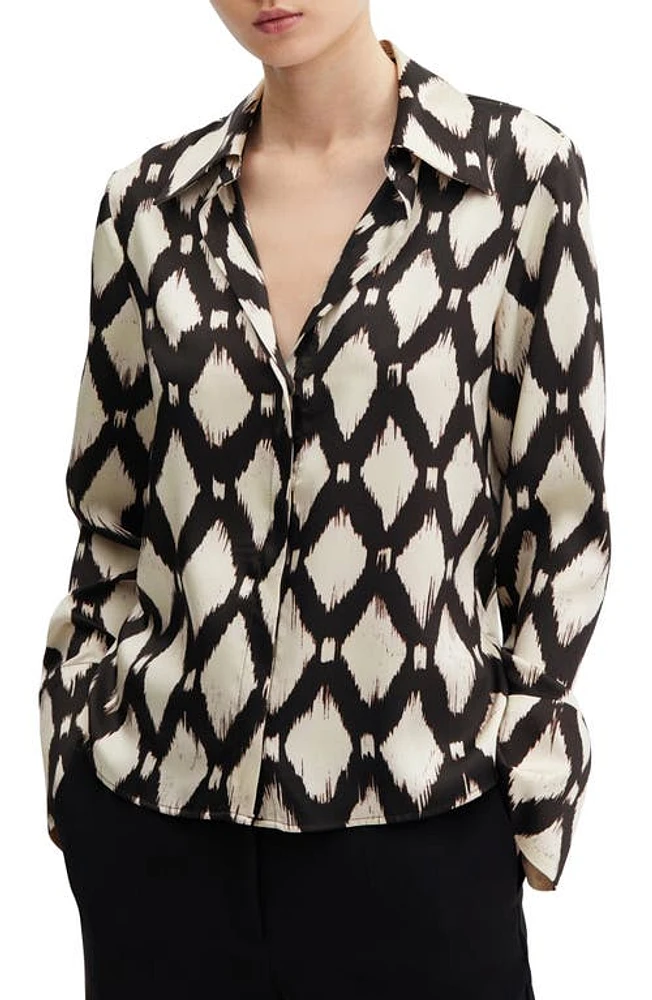 MANGO Geo Print Satin Button-Up Shirt in Ecru at Nordstrom, Size 8