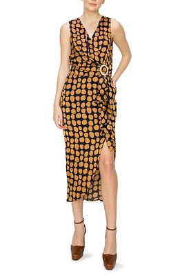 MELLODAY Polka Dot Tie Front Sleeveless Faux Wrap Midi Dress Navy/Rust at Nordstrom,