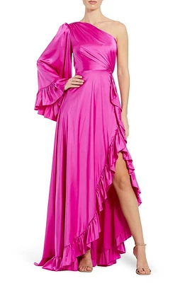 Ieena for Mac Duggal One-Shoulder Satin A-Line Gown Magenta at Nordstrom,