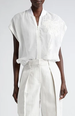 Brunello Cucinelli Embroidered Cotton Organza Zip Front Top in White at Nordstrom, Size 4 Us