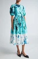 Erdem Dégradé Floral Puff Sleeve Cotton Dress Kingfisher And White at Nordstrom, Us