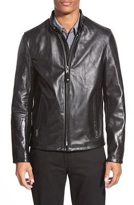 Schott NYC Café Racer Waxy Cowhide Leather Jacket Black/Black at Nordstrom,