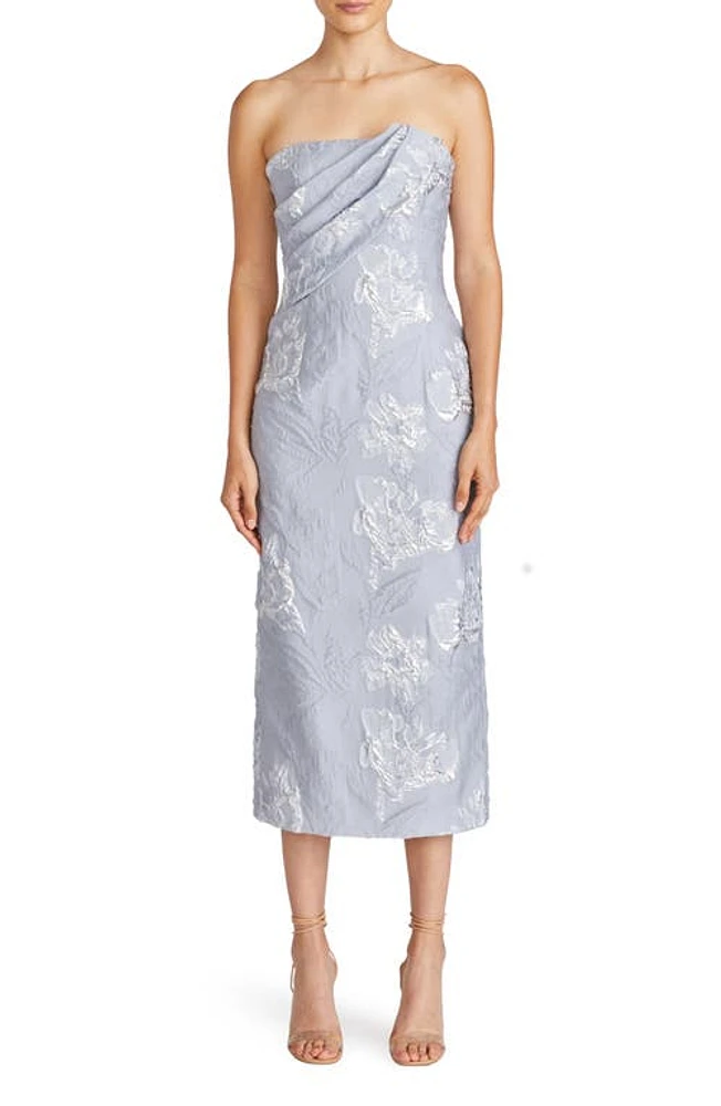 ML Monique Lhuillier Jacqueline Strapless Jacquard Midi Sheath Dress Silver at Nordstrom,