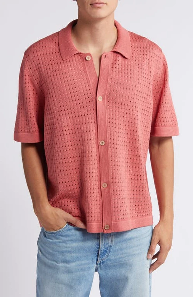 Corridor Pointelle Stitch Short Sleeve Cotton Knit Button-Up Shirt at Nordstrom,