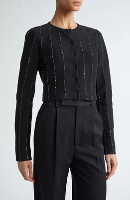 Oscar de la Renta Yard Sequin Stripe Cotton Blend Cardigan Black at Nordstrom,