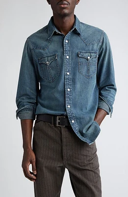 Double RL Buffalo West Slim Fit Denim Western Snap-Up Shirt Dark Wash at Nordstrom,