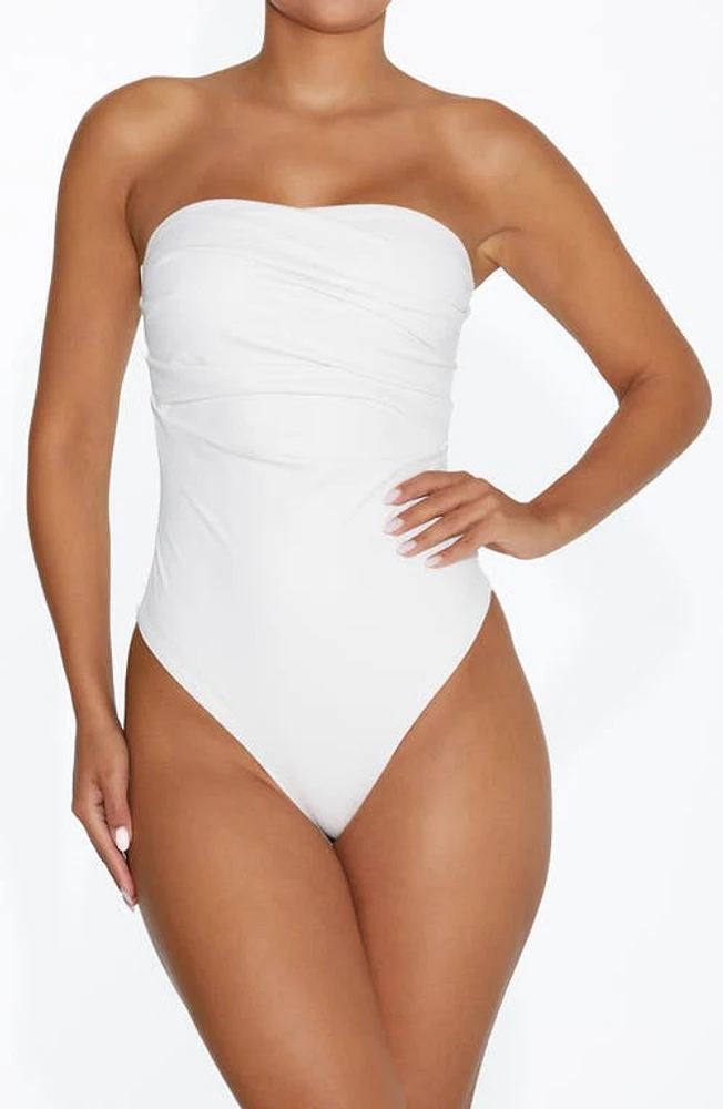 Naked Wardrobe Pleated Strapless Faux Leather Bodysuit in White at Nordstrom, Size X-Large