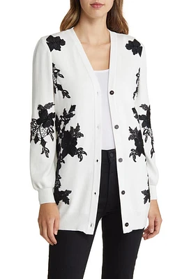 Misook Floral Appliqué Cardigan Black/White at Nordstrom,