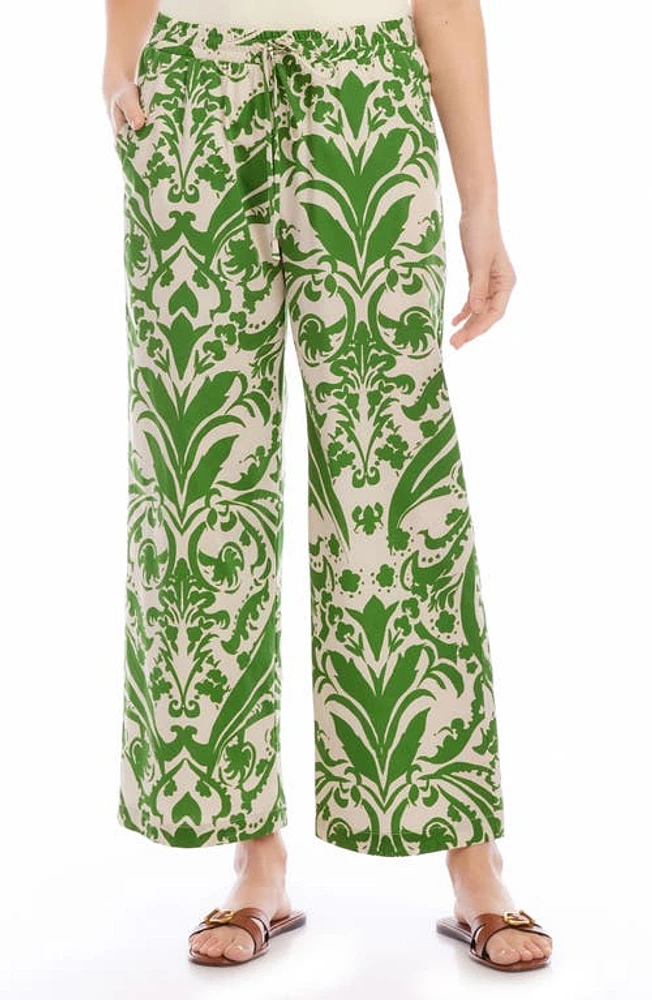 Karen Kane Wide Leg Drawstring Cotton Pants Green Print at Nordstrom,