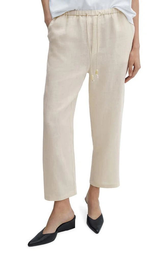 MANGO Elastic Waist Crop Straight Leg Linen Pants Ecru at Nordstrom,