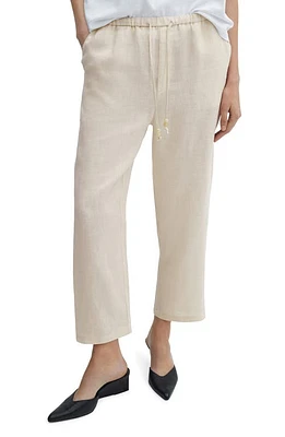 MANGO Elastic Waist Crop Straight Leg Linen Pants Ecru at Nordstrom,