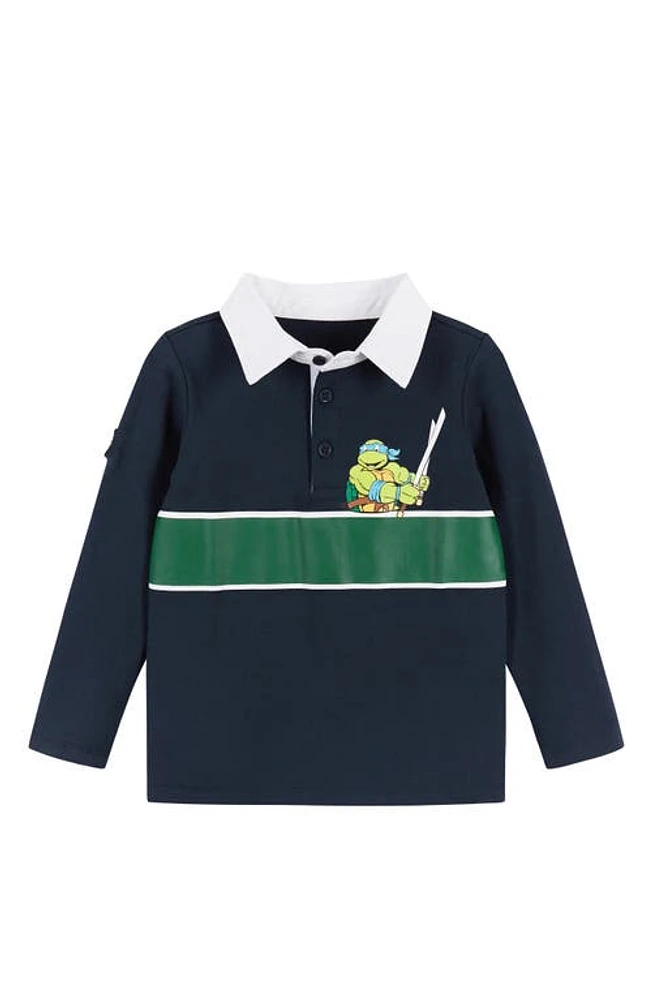 Andy & Evan x Teenage Mutant Ninja Turtles Leo Rugby Stripe Polo in Navy Varsity at Nordstrom, Size 2T