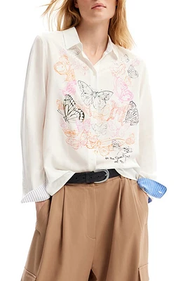 Desigual Cam Butterfly Graphic Button-Up Shirt White at Nordstrom,