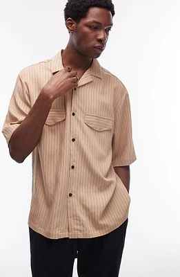 Topman Oversize Stripe Camp Shirt Camel at Nordstrom,