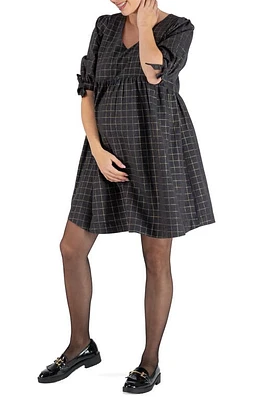 Cache Coeur Janis Windowpane Plaid Tie Sleeve Maternity/Nursing Dress Grey at Nordstrom,