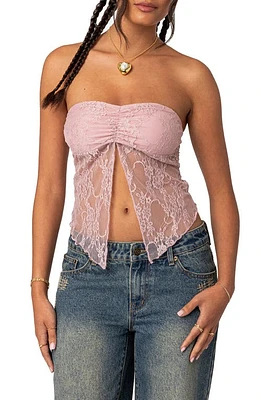 EDIKTED Twilight Strapless Lace Split Front Crop Top Light-Pink at Nordstrom,