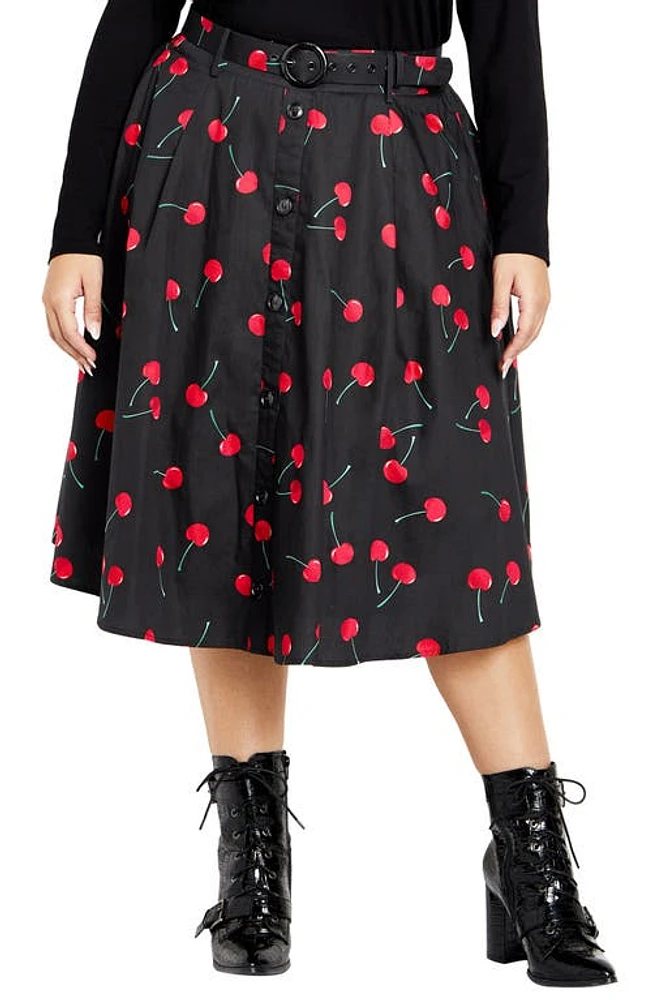 City Chic Siena Belted High Waist Button Front Midi Skirt in Black Cherry Prt at Nordstrom, Size Xl