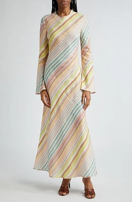 Zimmermann Halliday Stripe Bias Cut Long Sleeve Linen Maxi Dress Multi at Nordstrom,