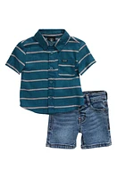 Volcom Stripe Short Sleeve Button-Up Shirt & Denim Shorts Set Teal at Nordstrom,