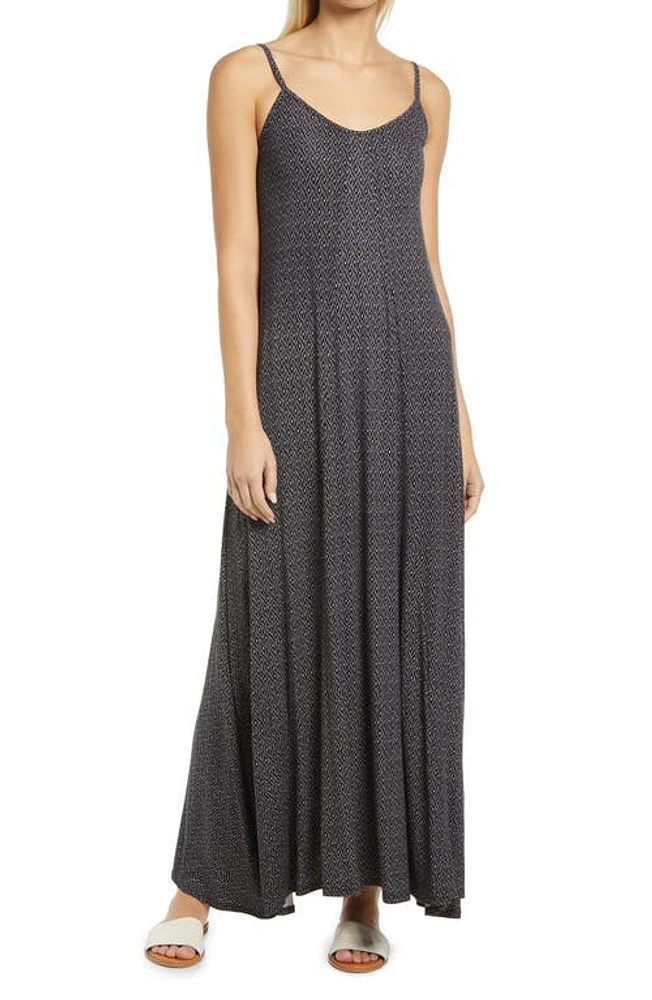 Loveappella Print Godet Maxi Dress in Black/Ivory at Nordstrom, Size Large