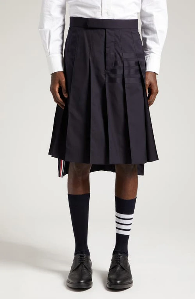 Thom Browne 4-Bar Pleated Back Strap High-Low Wool Skirt Dark Blue at