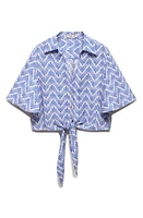 MANGO Print Tie Hem Crop Shirt Blue at Nordstrom,