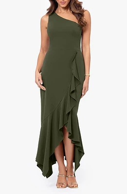 Xscape Evenings One-Shoulder Asymmetric Hem Gown Olive at Nordstrom,