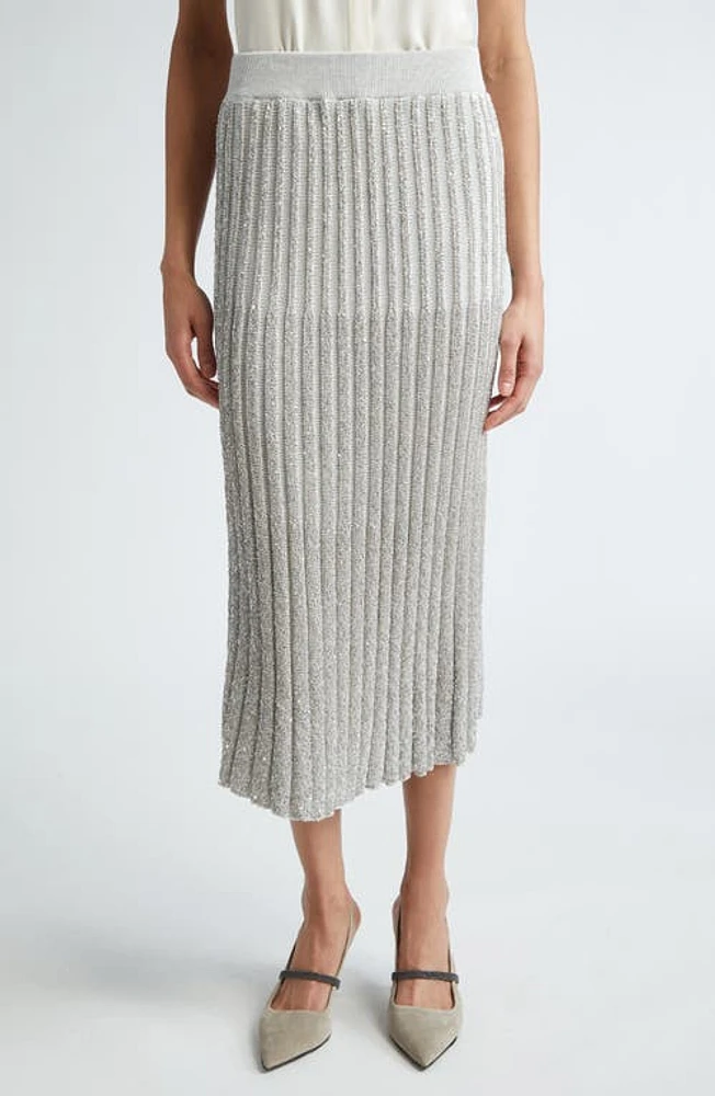 Brunello Cucinelli Dazzling Diamante Rib Midi Skirt in Czf54 Grey Beige at Nordstrom, Size X-Small