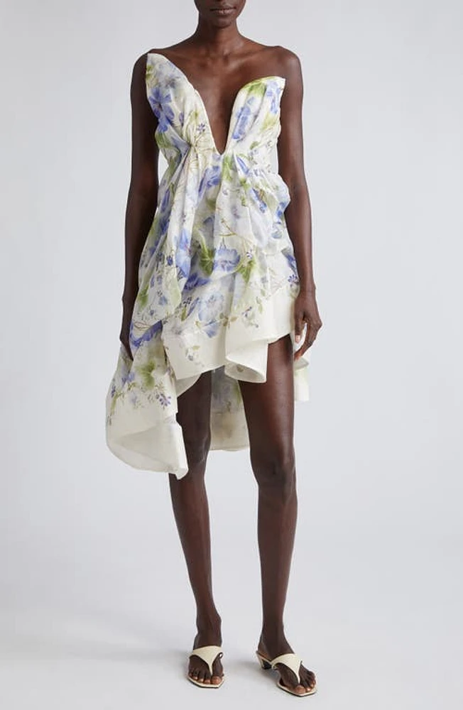 Zimmermann Natura Floral Asymmetric Strapless Linen & Silk Dress Cream/Blue at Nordstrom,