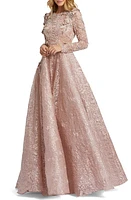 Mac Duggal Floral Embroidered & Beaded Long Sleeve Mesh Gown Mocha at Nordstrom,