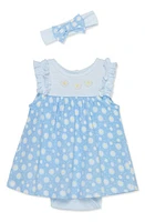 Little Me Daisies Cotton Skirted Bodysuit & Headband Set Blue at Nordstrom,