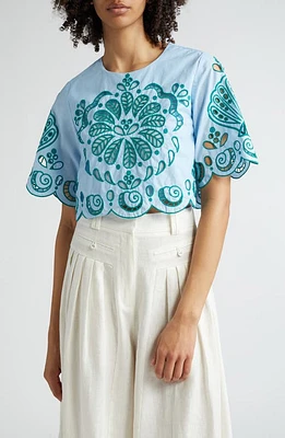 FARM Rio Eyelet Cotton Crop Top Light Blue And Green at Nordstrom,