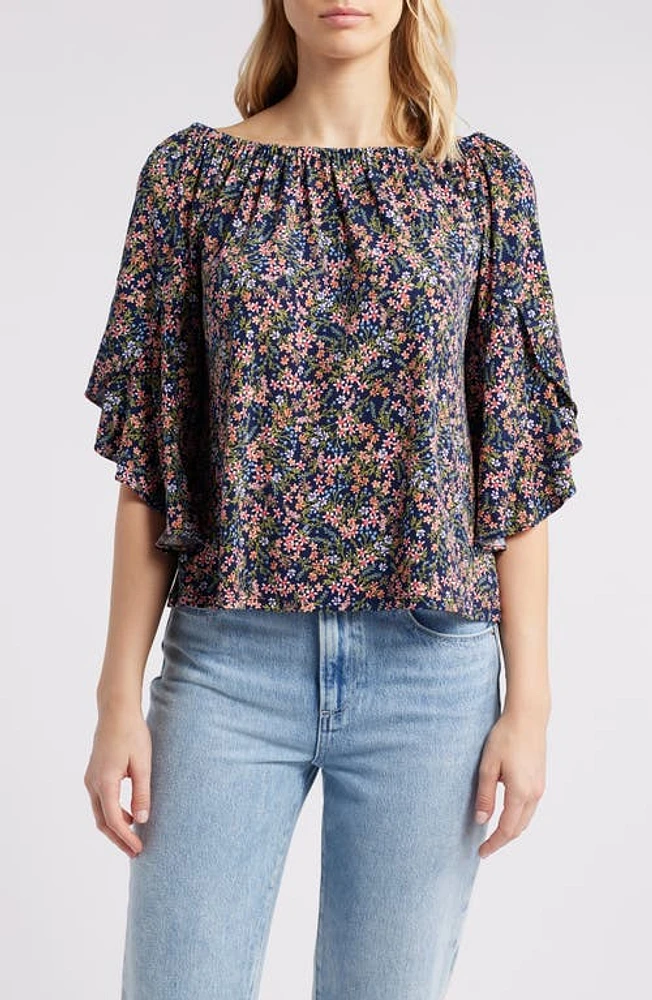 Vince Camuto Floral Off the Shoulder Flutter Sleeve Top Classic Navy at Nordstrom,